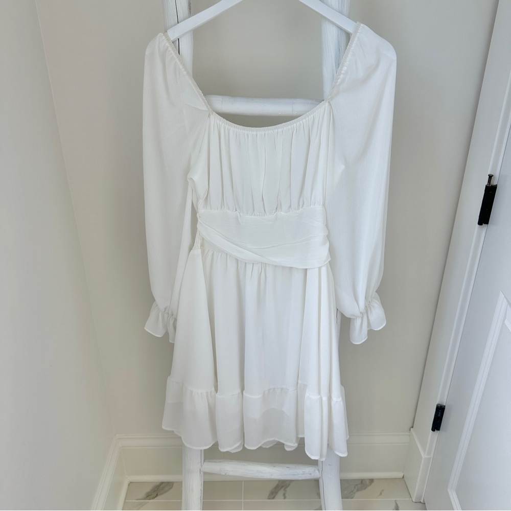 Exlura Long Lantern Sleeve Square Neck Elastic Waist Aline Casual Mini Dress